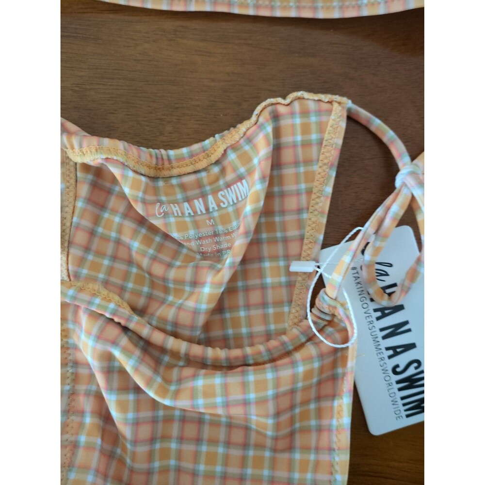 Lahana Swim creamsicle plaid "Birdie" top / side tie bottom set NWT size MED - Picture 3 of 7